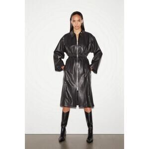 FRAME Pintucked Leather Dress Coat in Noir Black Zip Front Size S $2798